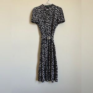 Ralph Lauren - Black and White Floral Belted Silk Dress - Size 4